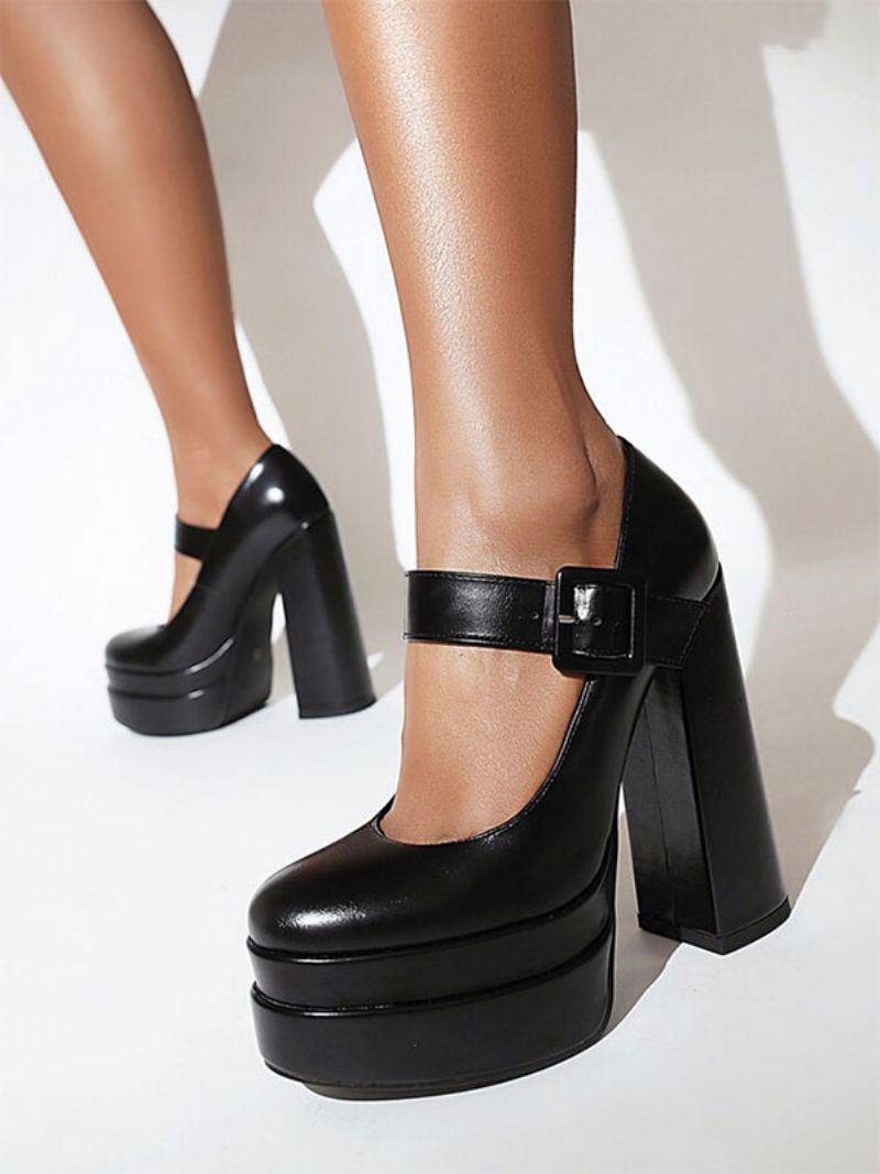 Kvinders Højhælede Platform Chunky Heel Pu-læderpumper - Sort