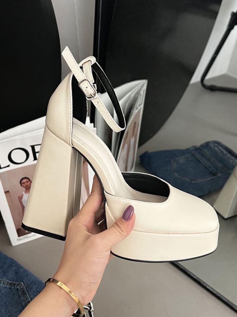 Kvinders Højhælede Platforme Chunky Heel Pumps Pu-læder - Beige