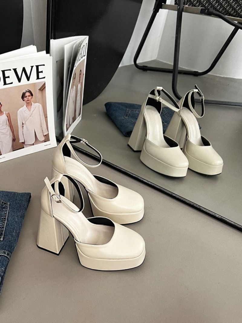 Kvinders Højhælede Platforme Chunky Heel Pumps Pu-læder - Beige