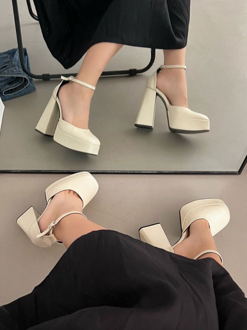 Kvinders Højhælede Platforme Chunky Heel Pumps Pu-læder - Beige