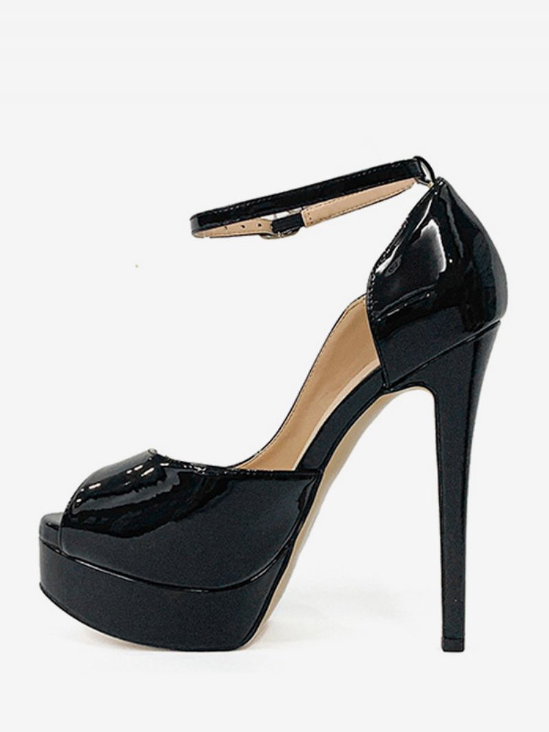 Kvinders Højhælede Platforme Peep Toe Ankel Strap Pumps - Sort