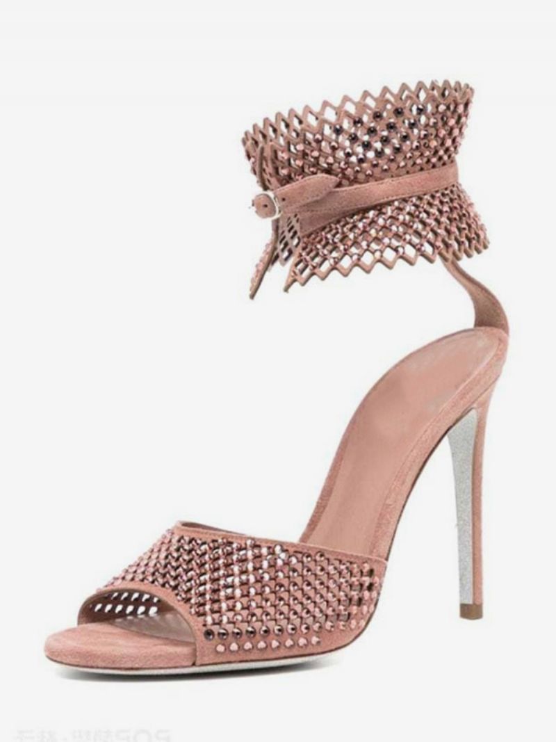 Kvinders Højhælede Sandaler Pink Peep Toe Rhinestones Cut Out Gallasko Ankelrem Festsko - Pink