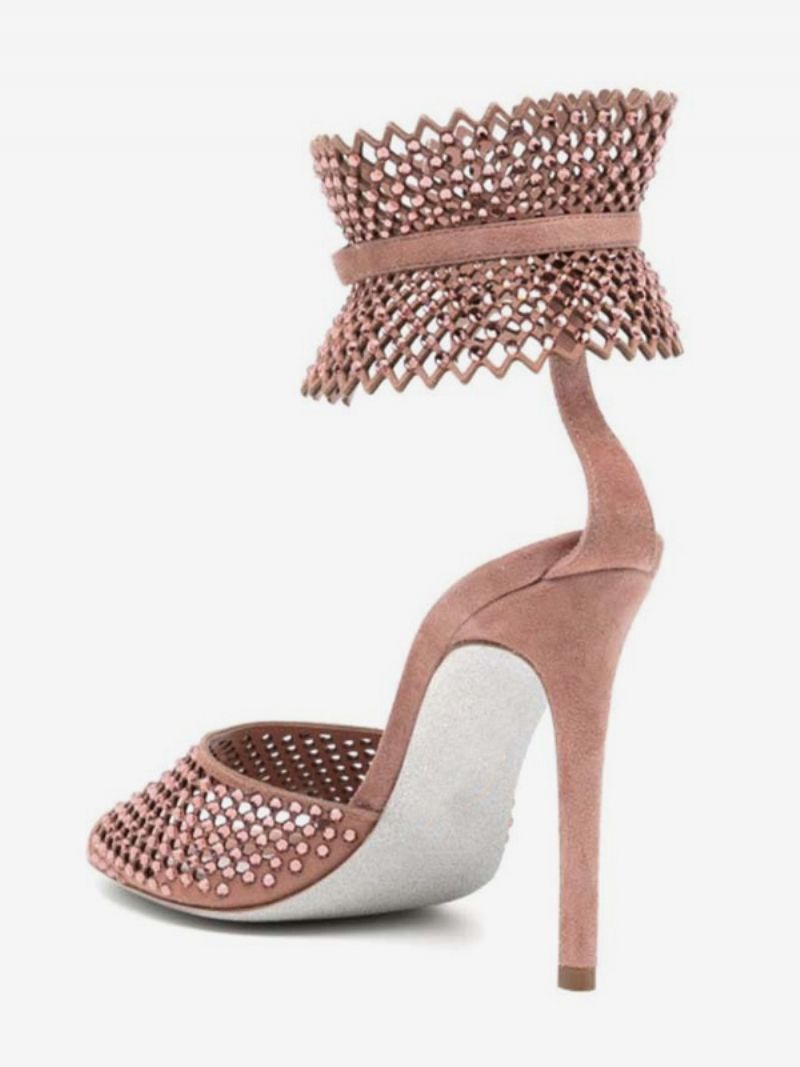 Kvinders Højhælede Sandaler Pink Peep Toe Rhinestones Cut Out Gallasko Ankelrem Festsko - Pink