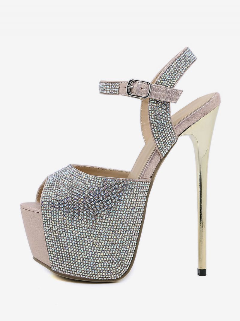 Kvinders Højhælede Sexede Sandaler Glitter Platform Peep Toe Rhinestones Sky High 6.3 Tommer Sko - Lyserød