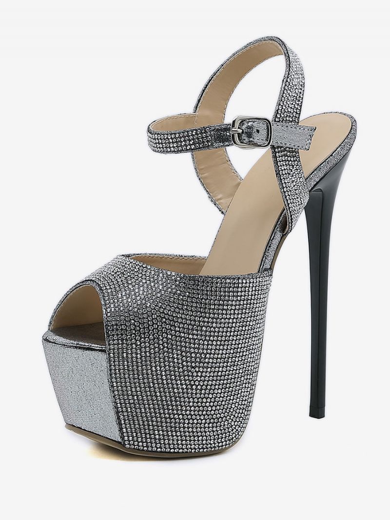 Kvinders Højhælede Sexede Sandaler Glitter Platform Peep Toe Rhinestones Sky High 6.3 Tommer Sko - Sort