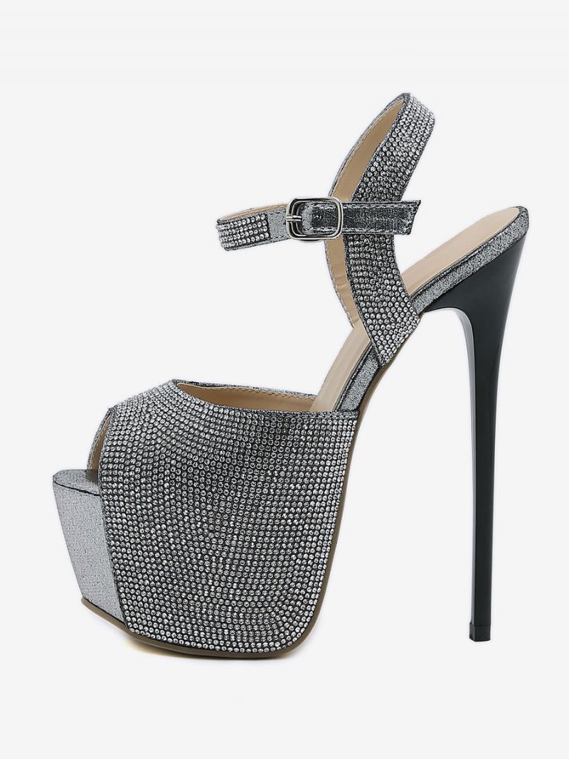 Kvinders Højhælede Sexede Sandaler Glitter Platform Peep Toe Rhinestones Sky High 6.3 Tommer Sko - Sort