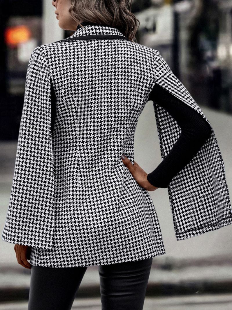 Kvinders Houndstooth Blazer V-hals Sash Langærmede Business Casual Jakke - Sort