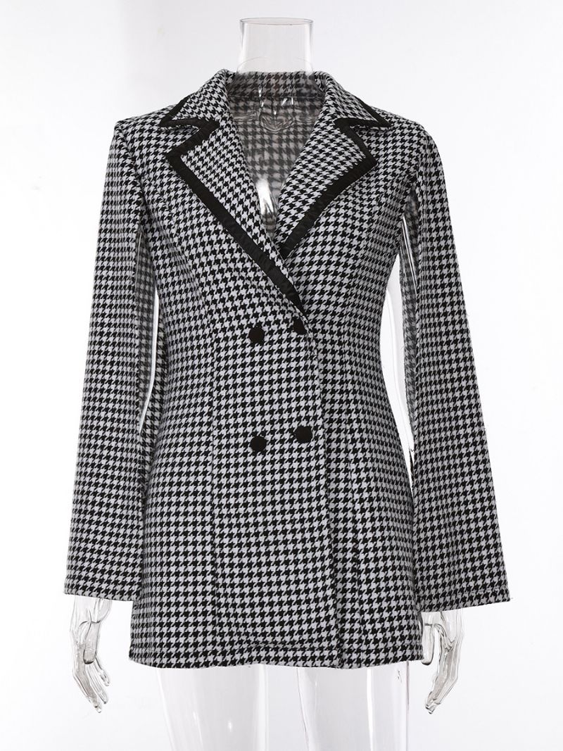 Kvinders Houndstooth Blazer V-hals Sash Langærmede Business Casual Jakke - Sort