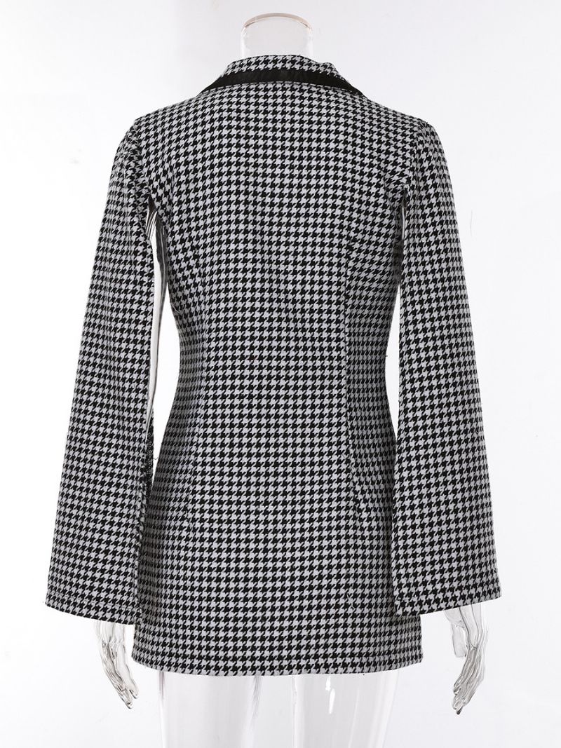 Kvinders Houndstooth Blazer V-hals Sash Langærmede Business Casual Jakke - Sort