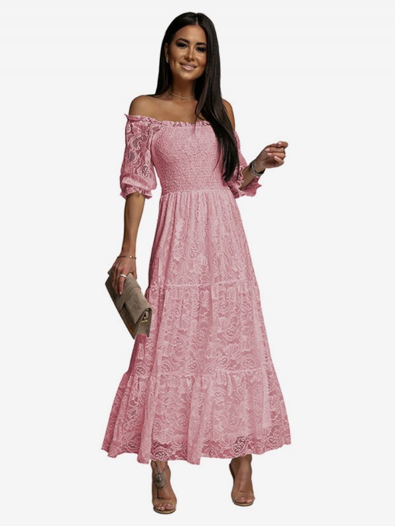 Kvinders Hvid Blondekjole Smock Off Shoulder Elegante Bøhmiske Lange Kjoler - Pink