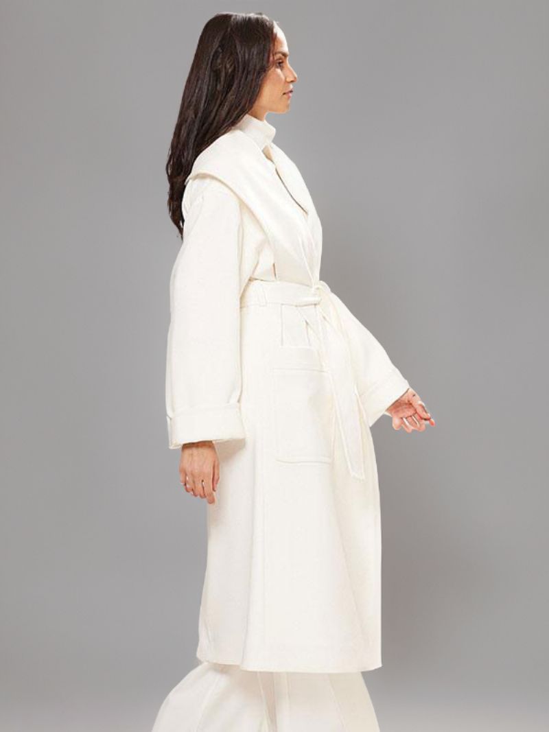 Kvinders Hvid Longline Overfrakke Lapel Belted Chic Oversized Vinterovertøj - Hvid