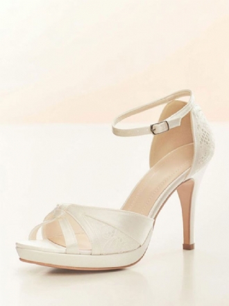 Kvinders Hvide Brudesko Peep Toe Blondedetalje Ankelrem Brude Pumps