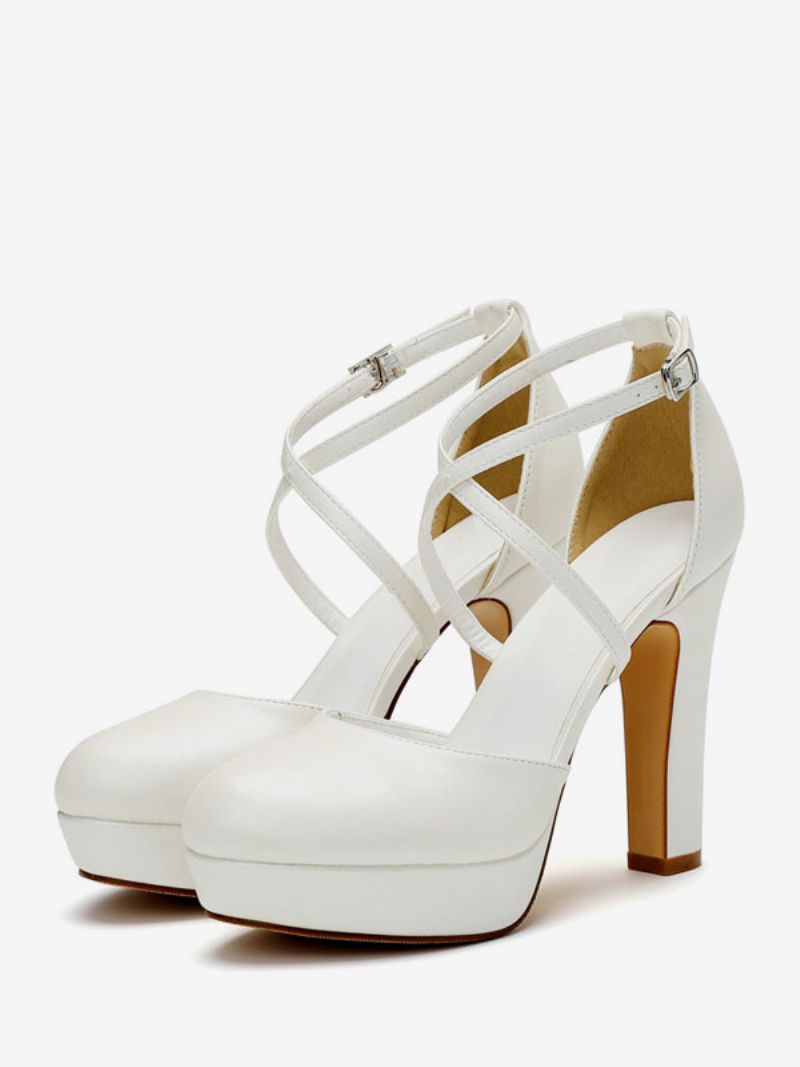 Kvinders Hvide Brudesko Satin Platform Rund Tå Criss Cross Brude Pumps