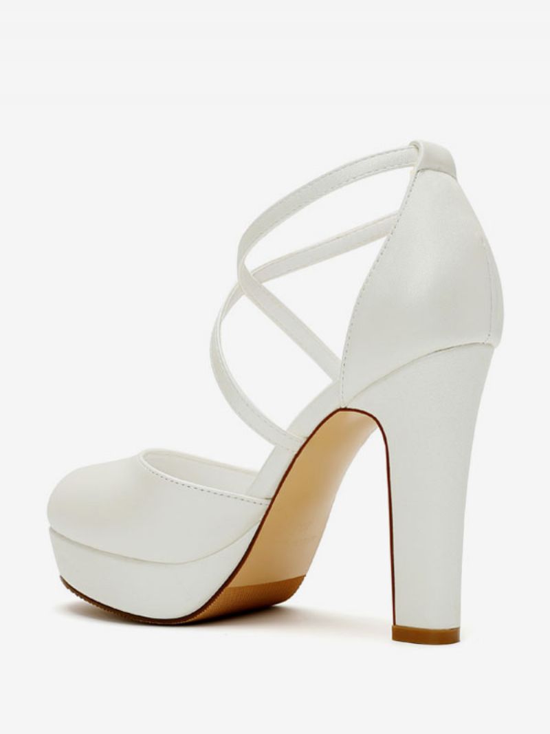 Kvinders Hvide Brudesko Satin Platform Rund Tå Criss Cross Brude Pumps - Hvid