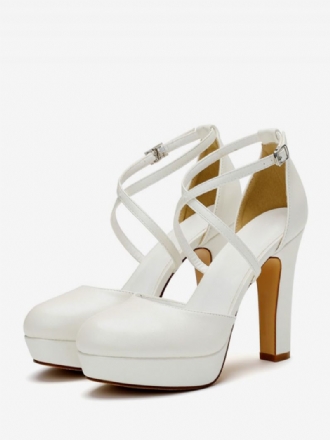 Kvinders Hvide Brudesko Satin Platform Rund Tå Criss Cross Brude Pumps