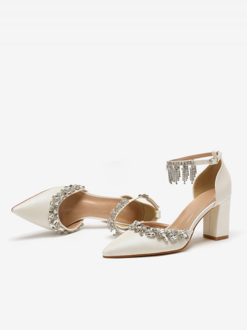 Kvinders Hvide Bryllupssko Rhinestones Spidstå Ankelrem Brude Pumps - Beige