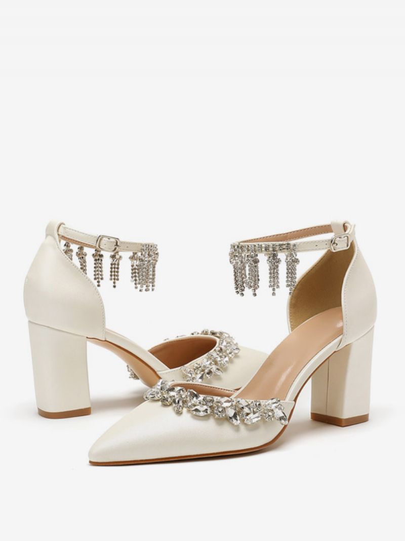 Kvinders Hvide Bryllupssko Rhinestones Spidstå Ankelrem Brude Pumps - Beige