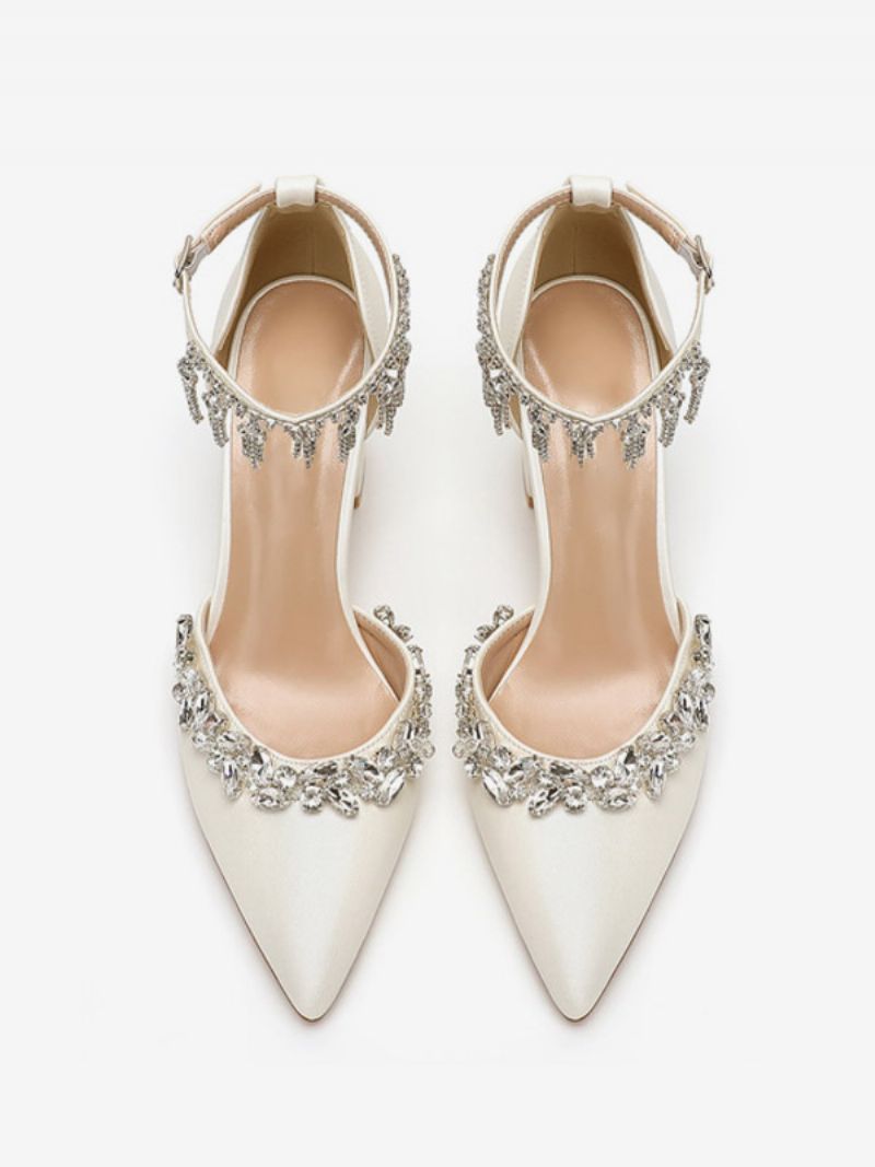 Kvinders Hvide Bryllupssko Rhinestones Spidstå Ankelrem Brude Pumps - Beige