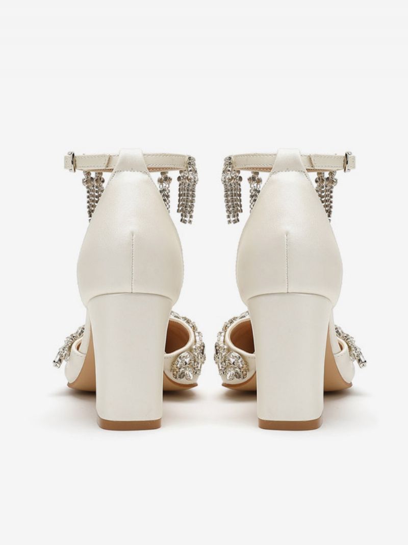 Kvinders Hvide Bryllupssko Rhinestones Spidstå Ankelrem Brude Pumps - Beige