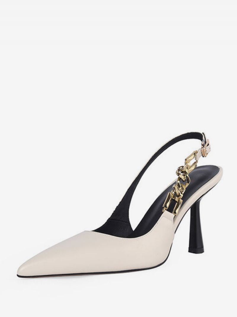 Kvinders Hvide Højhælede Spidstå-kædedetaljer Slingback Dress Pumps - Beige