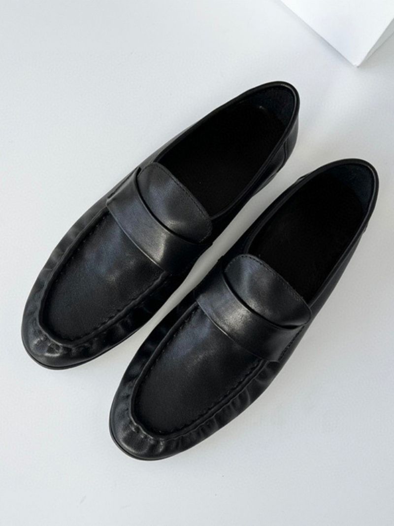 Kvinders Hvide Penny Loafers Runde Tå Slip On Flade Sko - Sort