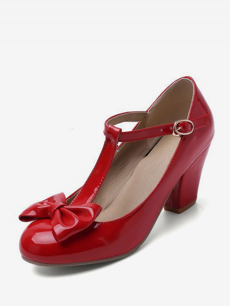 Kvinders Hvide Vintage Sko Rund Tå Bue T-rem Chunky Heel Pumps - Rød