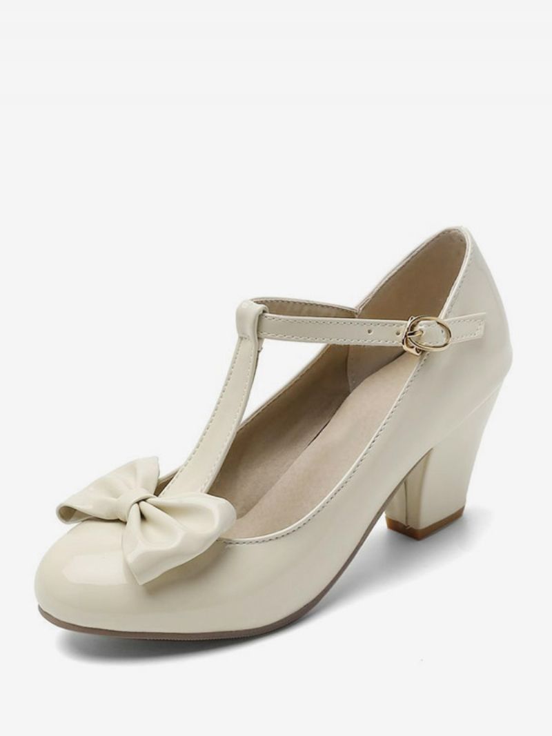 Kvinders Hvide Vintage Sko Rund Tå Bue T-rem Chunky Heel Pumps - Beige