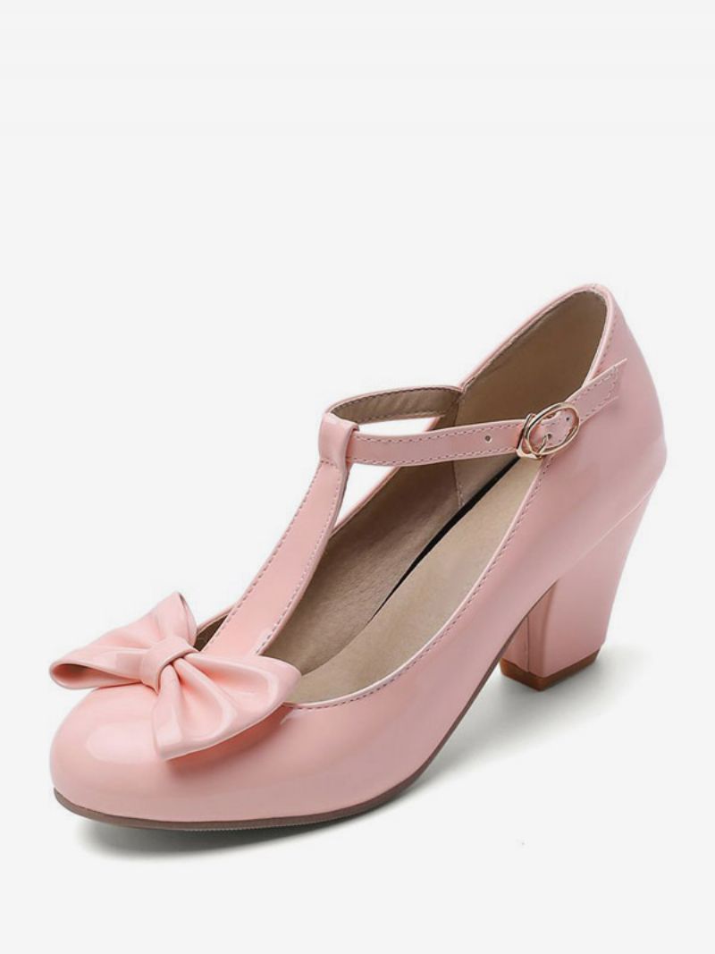 Kvinders Hvide Vintage Sko Rund Tå Bue T-rem Chunky Heel Pumps - Pink