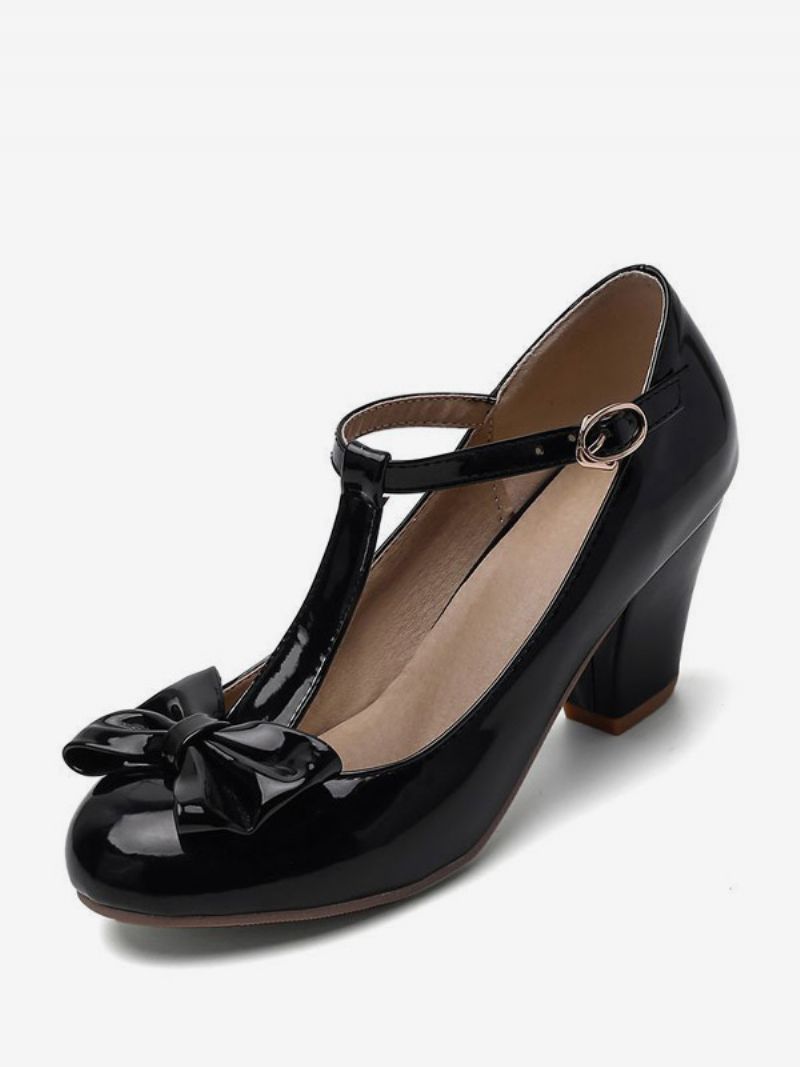 Kvinders Hvide Vintage Sko Rund Tå Bue T-rem Chunky Heel Pumps - Sort