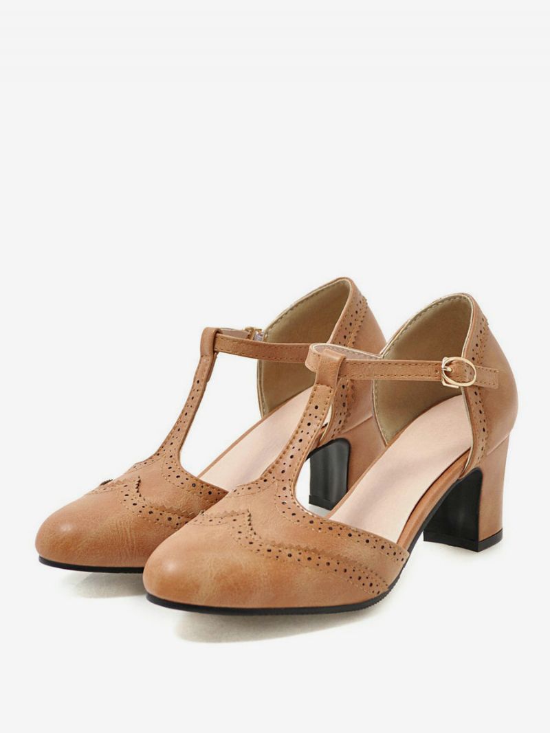 Kvinders Hvide Vintagesko Chunky Heek T Strap Pumps - Gul