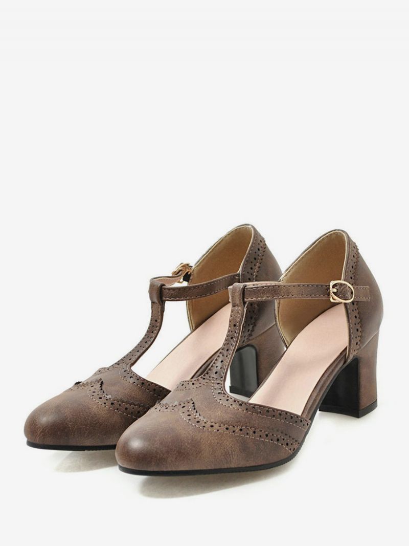 Kvinders Hvide Vintagesko Chunky Heek T Strap Pumps - Kaffe Brun