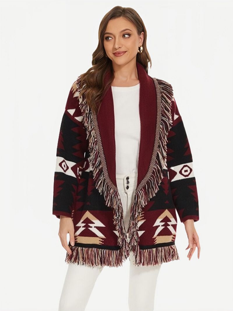 Kvinders Jacquard Cardigans Geometrisk Kvast Trim Bælte Uld Blend Boho Sweater - Bourgogne