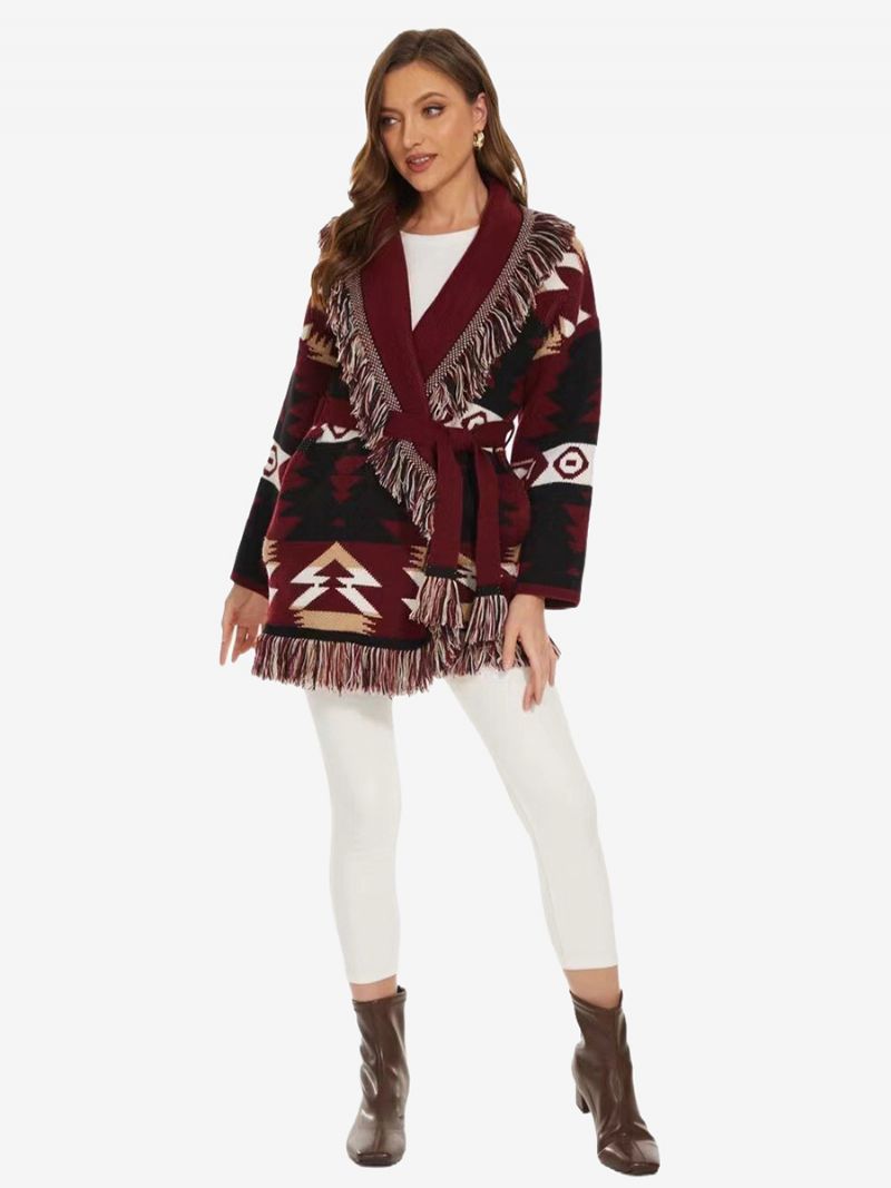 Kvinders Jacquard Cardigans Geometrisk Kvast Trim Bælte Uld Blend Boho Sweater - Bourgogne