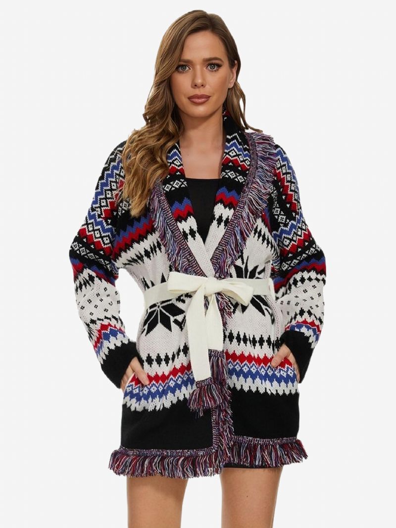 Kvinders Jacquard Cardigans Sildebenskvast Trim Bælte Uld Blend Boho Sweater