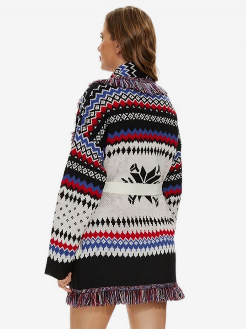 Kvinders Jacquard Cardigans Sildebenskvast Trim Bælte Uld Blend Boho Sweater - Hvid