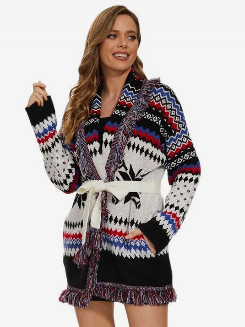 Kvinders Jacquard Cardigans Sildebenskvast Trim Bælte Uld Blend Boho Sweater - Hvid