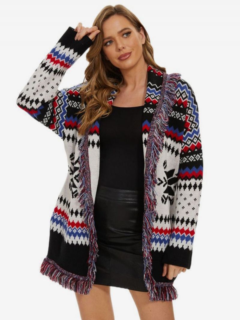 Kvinders Jacquard Cardigans Sildebenskvast Trim Bælte Uld Blend Boho Sweater - Hvid