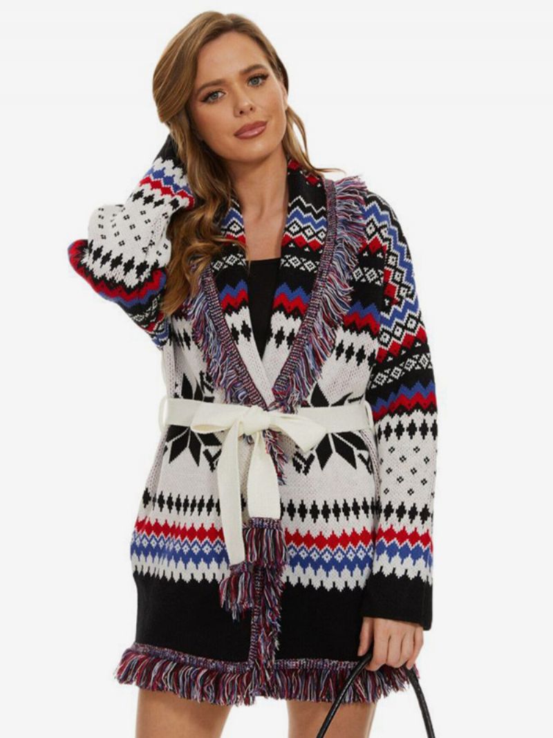 Kvinders Jacquard Cardigans Sildebenskvast Trim Bælte Uld Blend Boho Sweater - Hvid