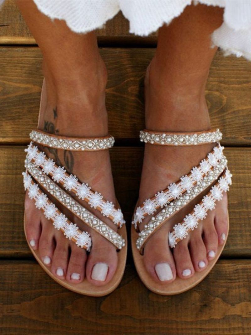 Kvinders Jeweled Flat Beach Wedding Sandaler - Hvid