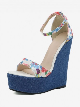 Kvinders Kilesandaler Denim Platform Blomsterprintede Ankelrem Kilesko