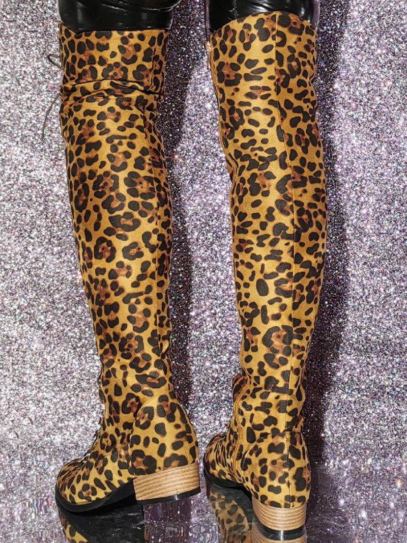 Kvinders Leopard Print Lår Høje Støvler Puppy Hæl Elastic Stof - Leopard