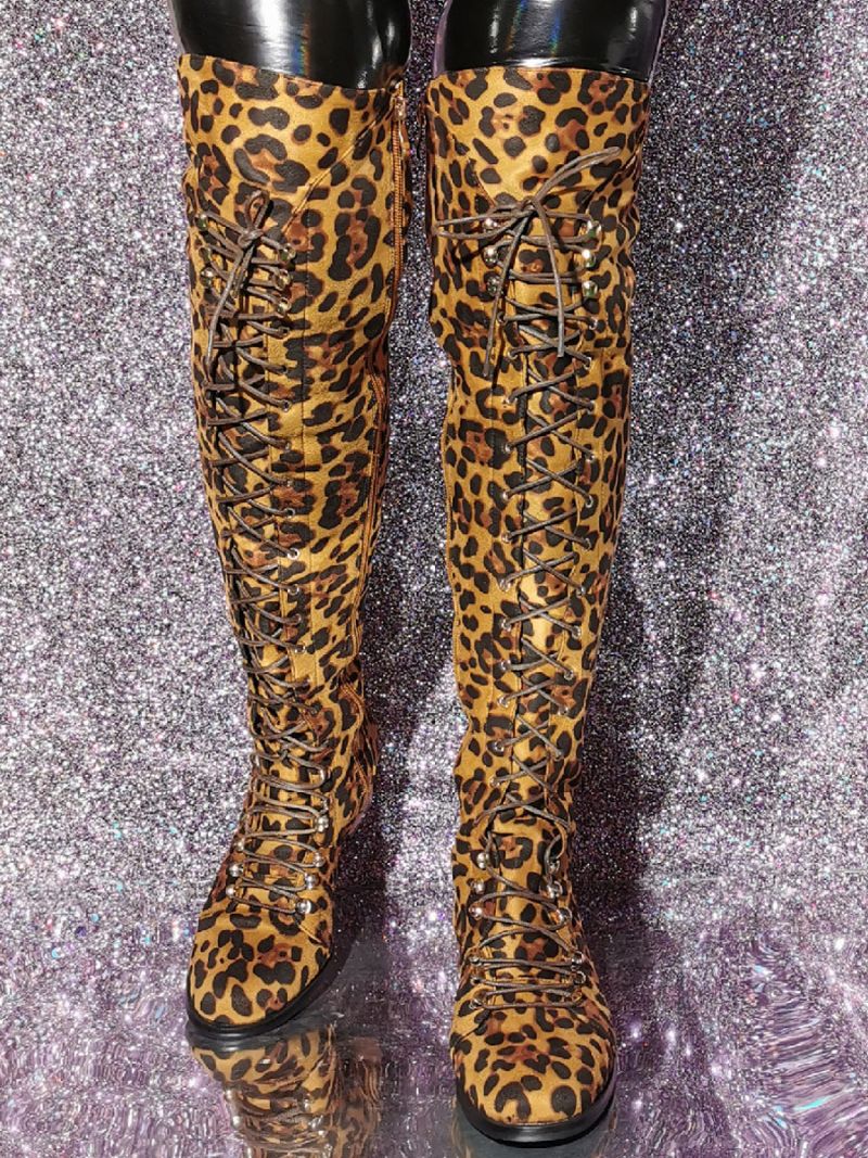 Kvinders Leopard Print Lår Høje Støvler Puppy Hæl Elastic Stof - Leopard