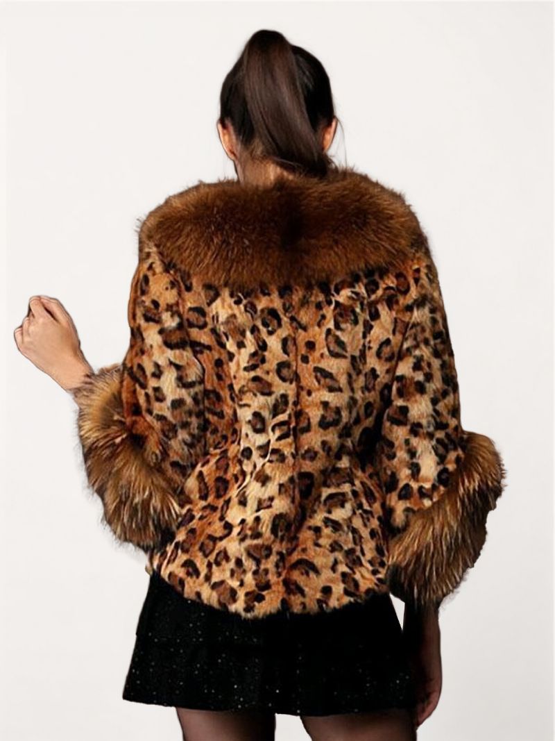 Kvinders Leopardprint Frakke V-hals Imiteret Pels Trim Oversized Vinterovertøj - Leopard