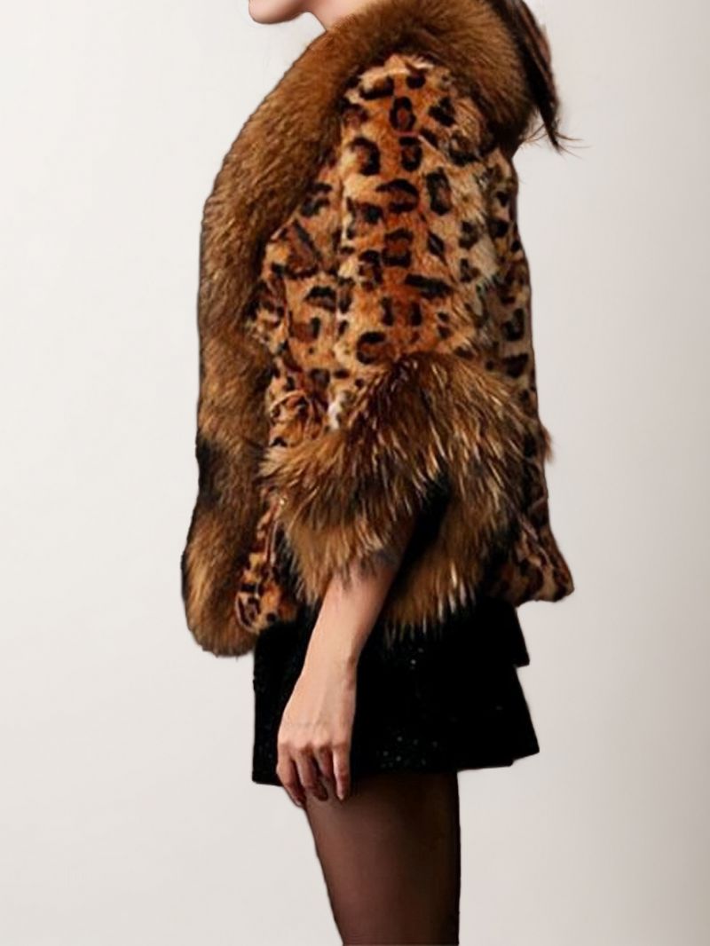 Kvinders Leopardprint Frakke V-hals Imiteret Pels Trim Oversized Vinterovertøj - Leopard