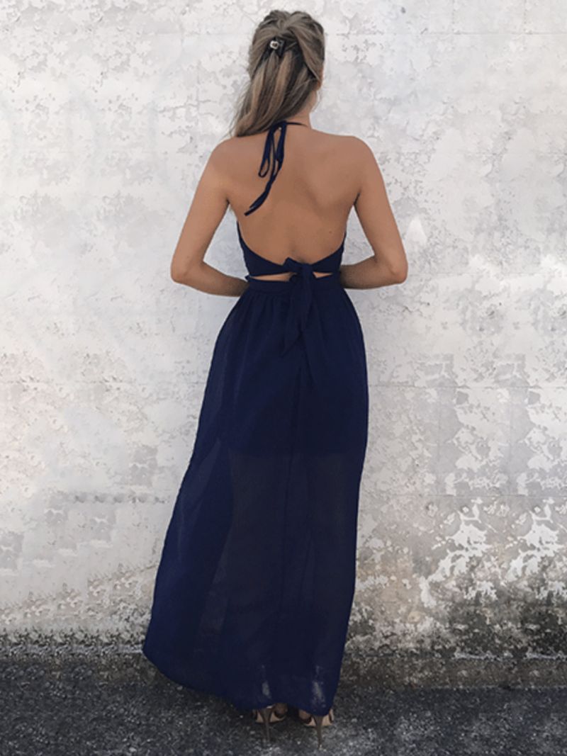 Kvinders Maxikjole Halter Twisted Lang Split Rygløs Mørk Navy Chiffon Sexet Kjole - Mørk Navy