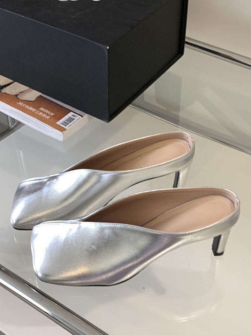 Kvinders Metallic Mules Champagne Stiletto Heel - Sølv