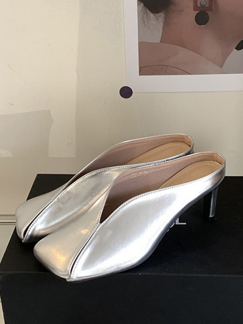 Kvinders Metallic Mules Champagne Stiletto Heel - Sølv