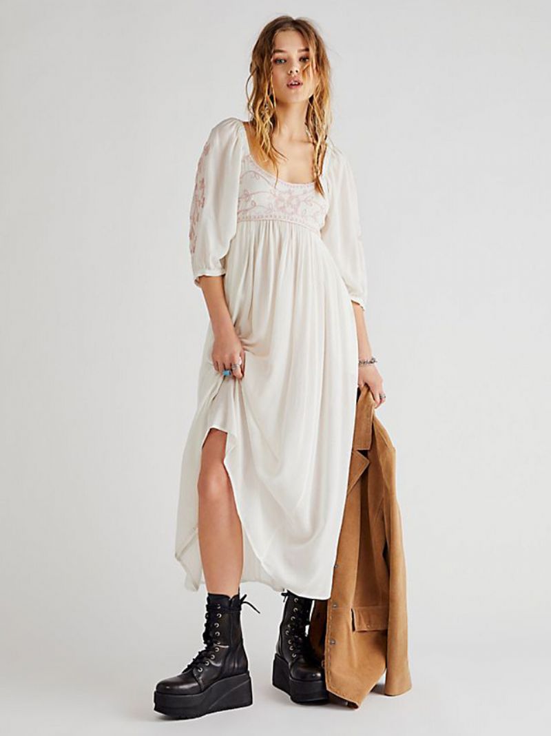 Kvinders Mørk Marineblå Boho-inspireret Kjole Trykt Overdel Ruched Casual Beach Maxi-kjoler - Beige