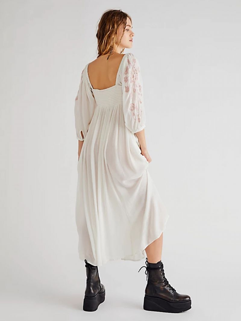 Kvinders Mørk Marineblå Boho-inspireret Kjole Trykt Overdel Ruched Casual Beach Maxi-kjoler - Beige