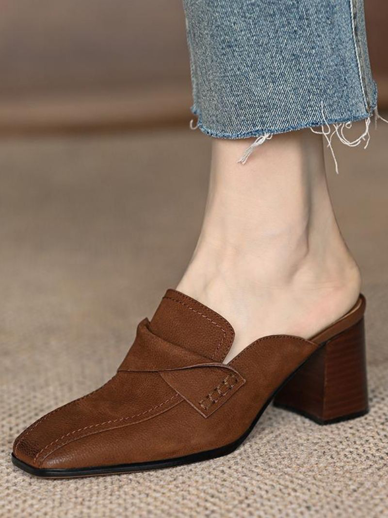 Kvinders Mule Loafers Chunky Heel Square Toe Rygløse Mules - Kaffe Brun